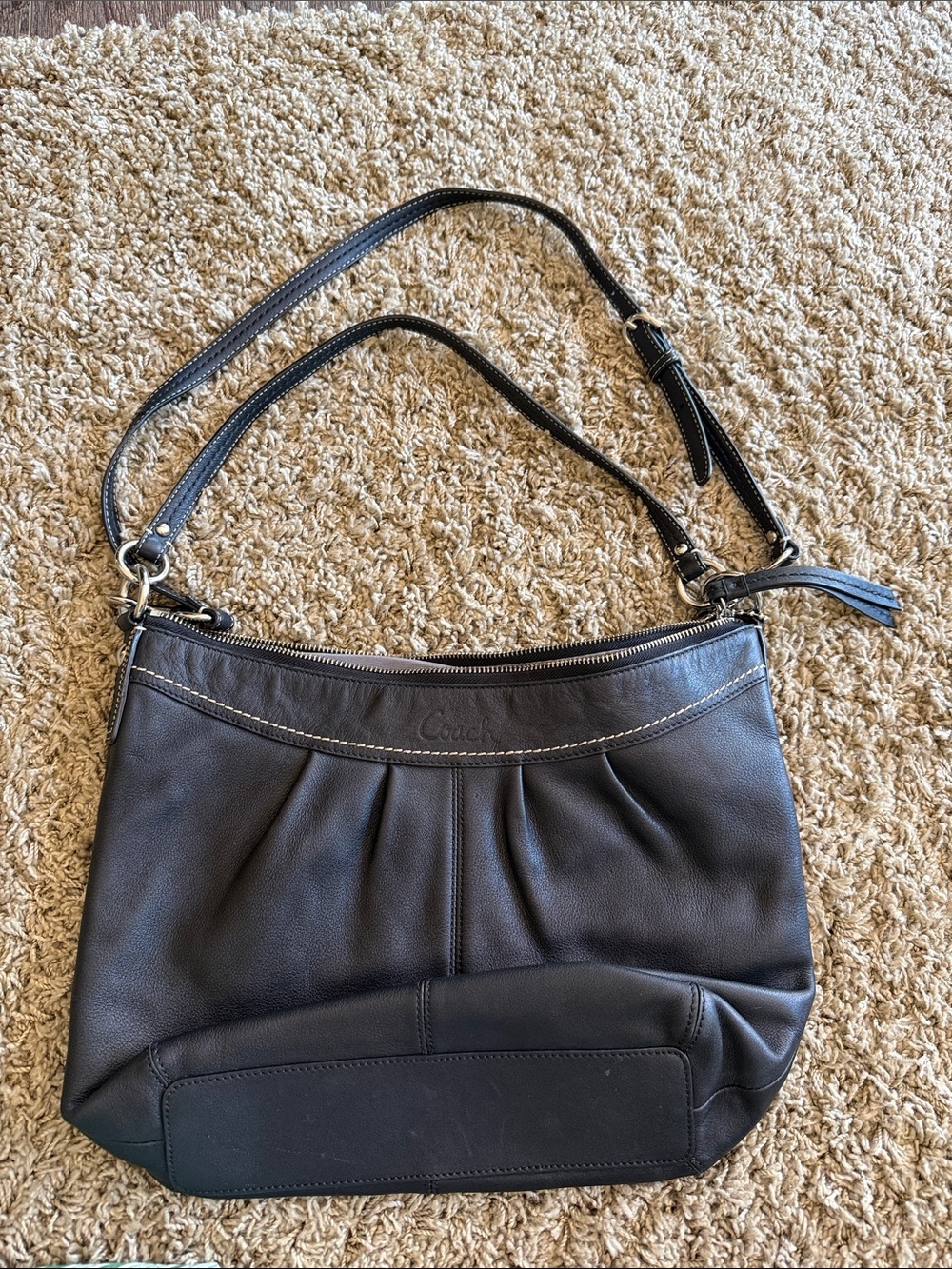 Coach Black Leather Pleated Shoulder Bag with Adjustable Strap